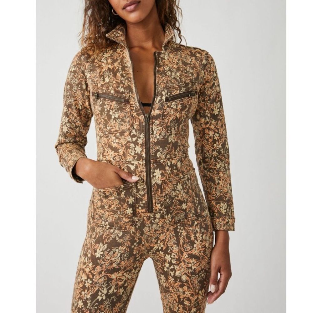 Lennox Zipper Front Stretch Point Collar Long Sleeve Overall Denim Jumps…